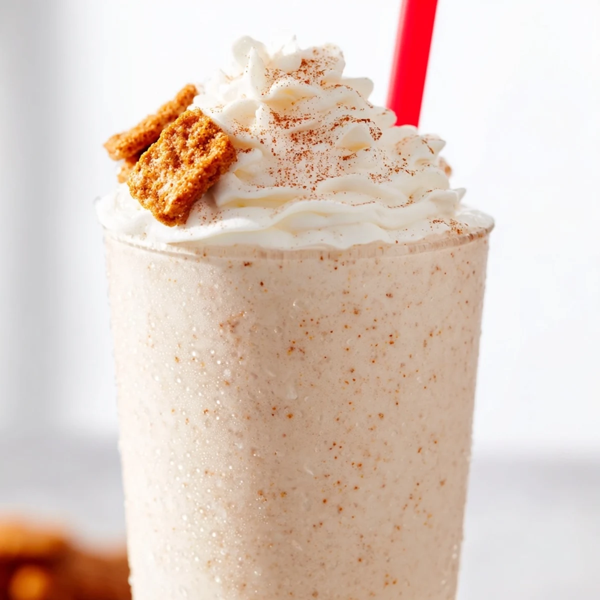 Thick icy Cinnamon Toast Crunch frappe garnished with cereal and whipped cream swirl