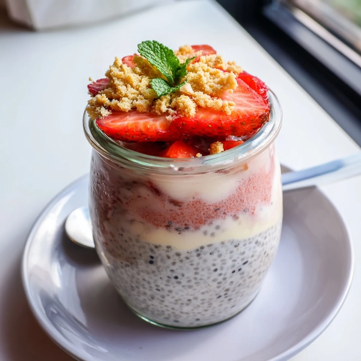 Creamy strawberry cheesecake chia pudding layered with fresh strawberries and graham cracker crumbs in a glass jar
