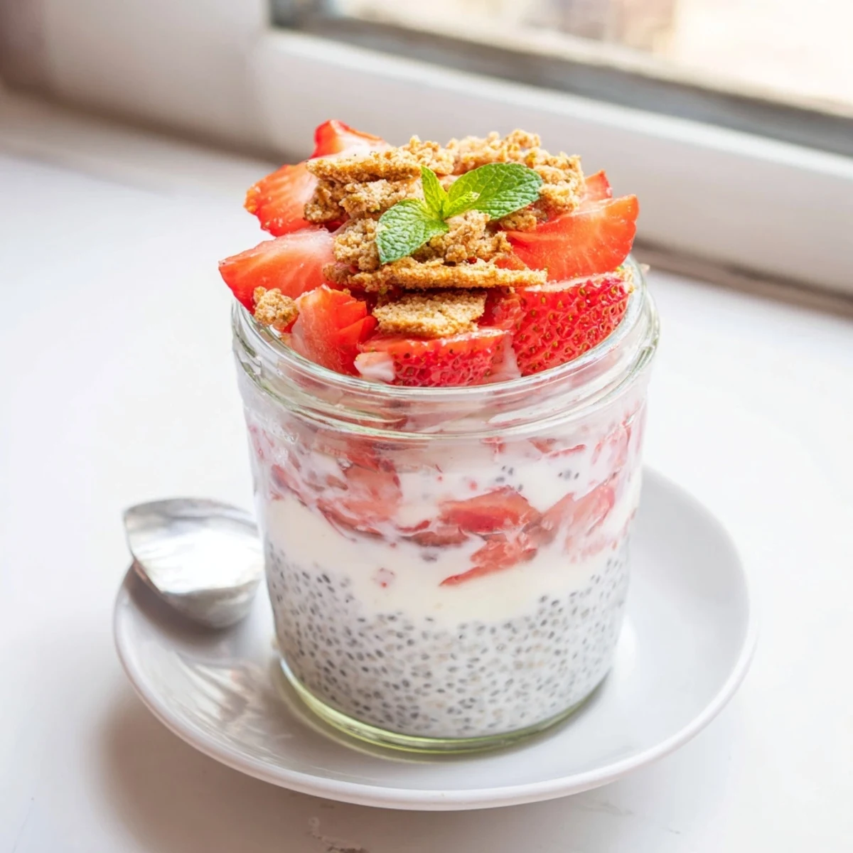 Parfait glass showing layered strawberry cheesecake chia pudding with mint garnish and sliced strawberry topping