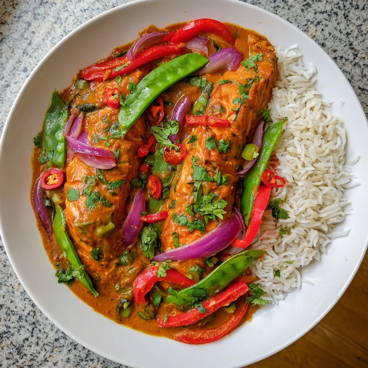 Golden Red Curry Coconut and Coriander Salmon fillets nestled in rich creamy sauce with vibrant vegetables