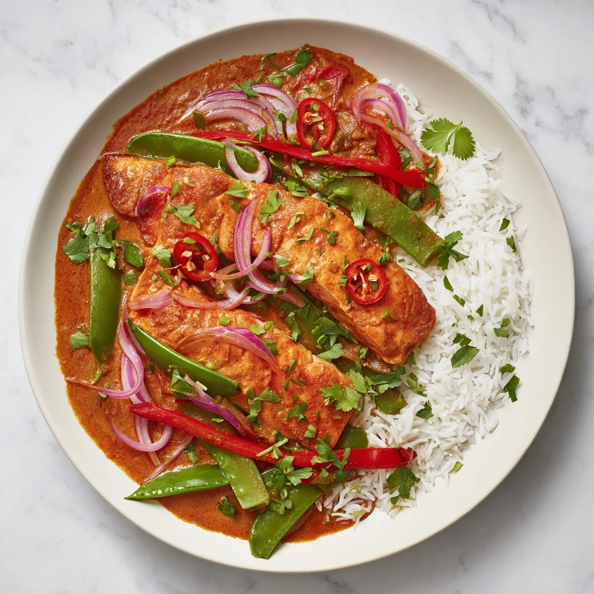 Thai-style Red Curry Coconut and Coriander Salmon simmered with bell peppers snap peas and fresh herbs