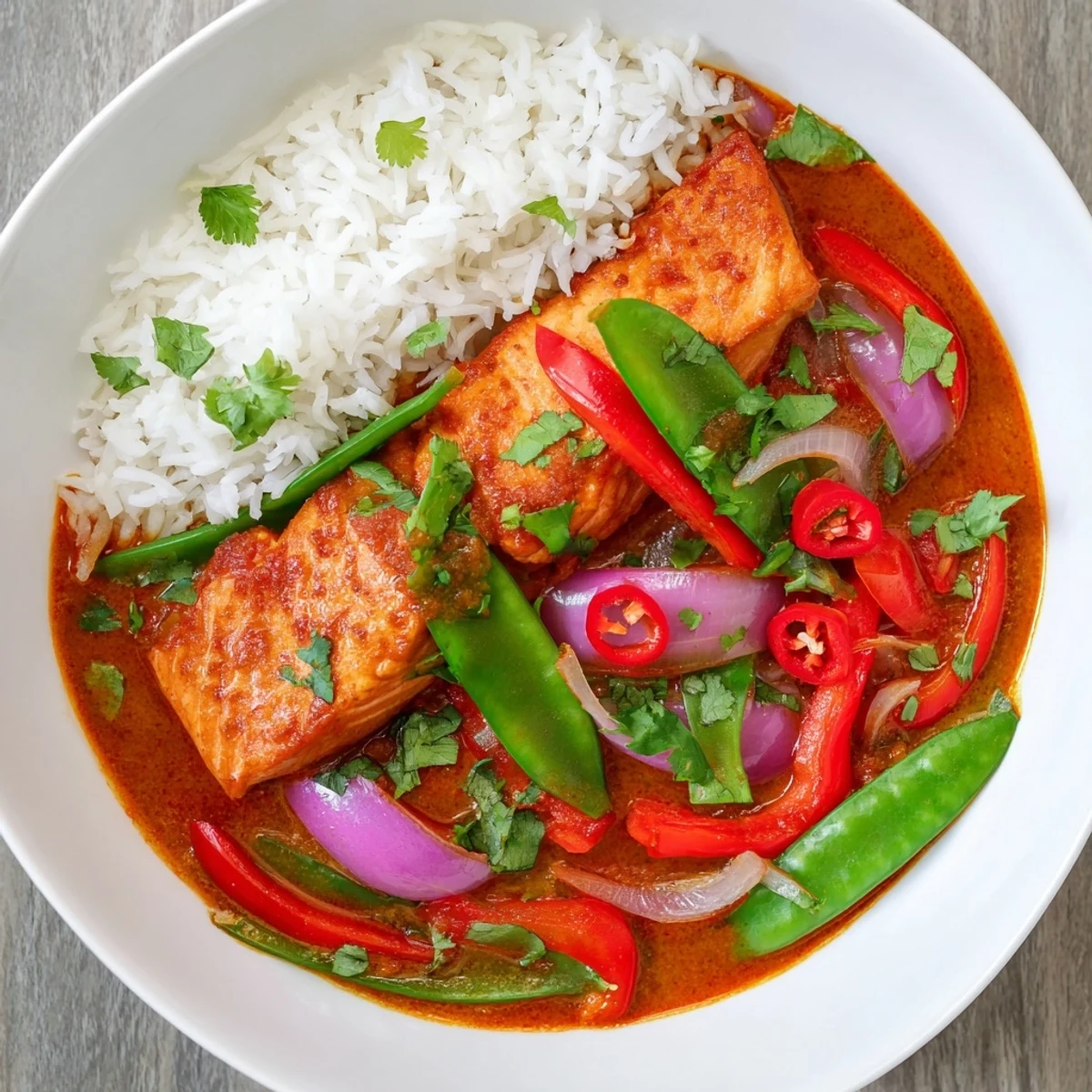 Flaky Red Curry Coconut and Coriander Salmon served over jasmine rice with aromatic coriander garnish