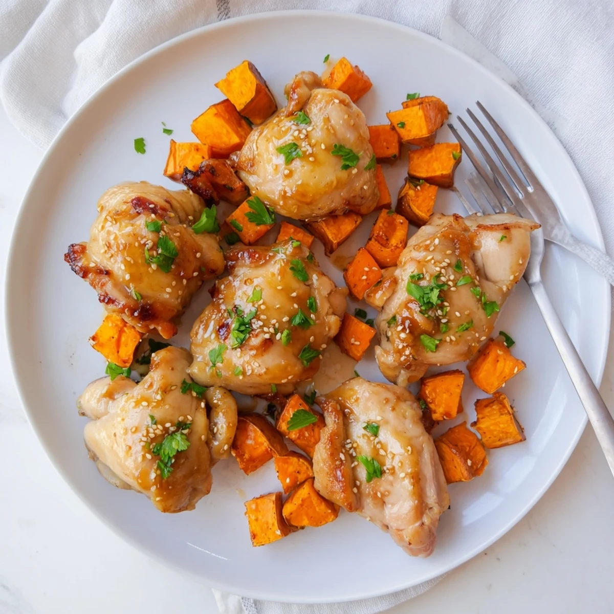 Golden glazed honey garlic chicken thighs roasted alongside caramelized sweet potato cubes on a baking sheet