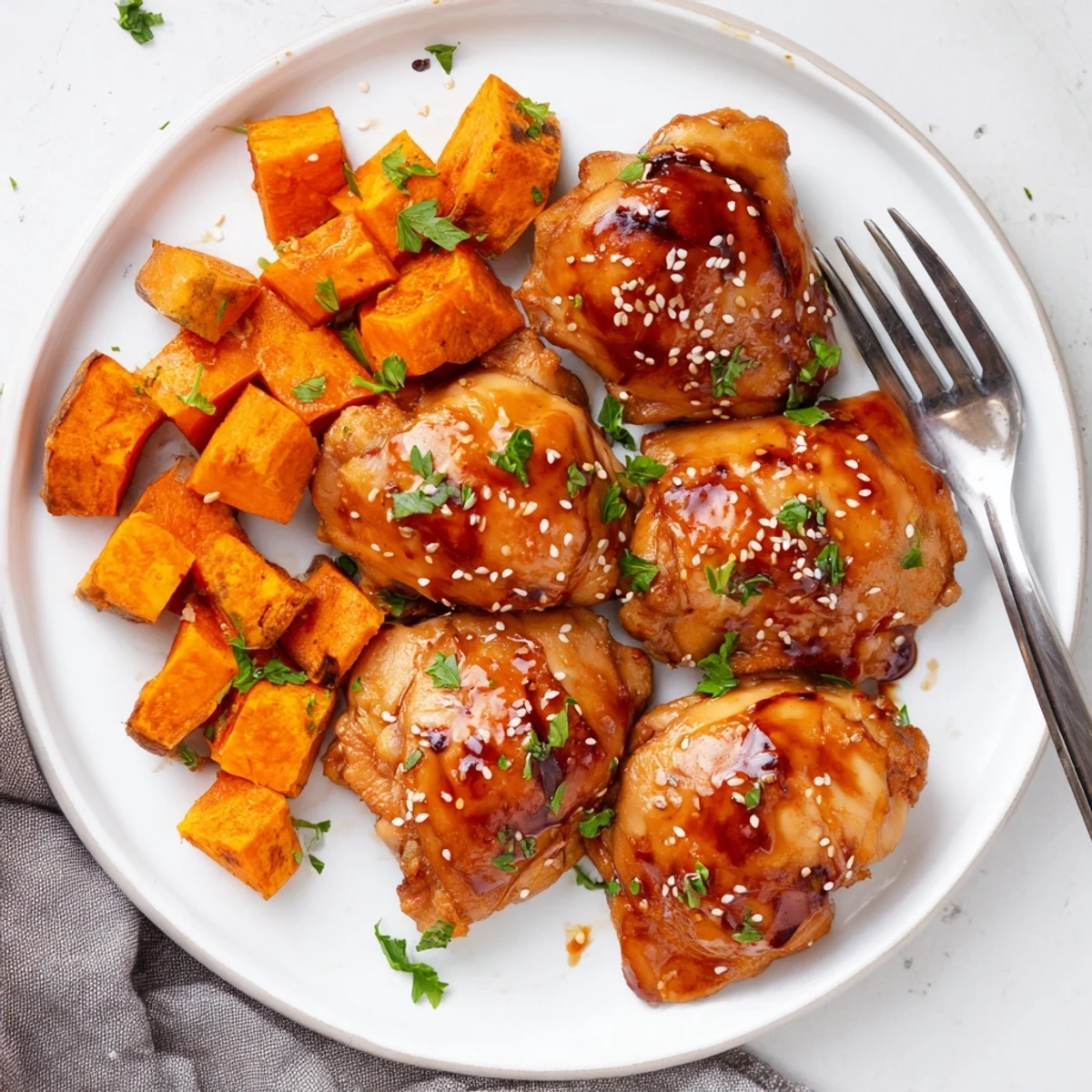 Tender chicken pieces coated in sticky honey garlic sauce served with perfectly roasted sweet potato wedges
