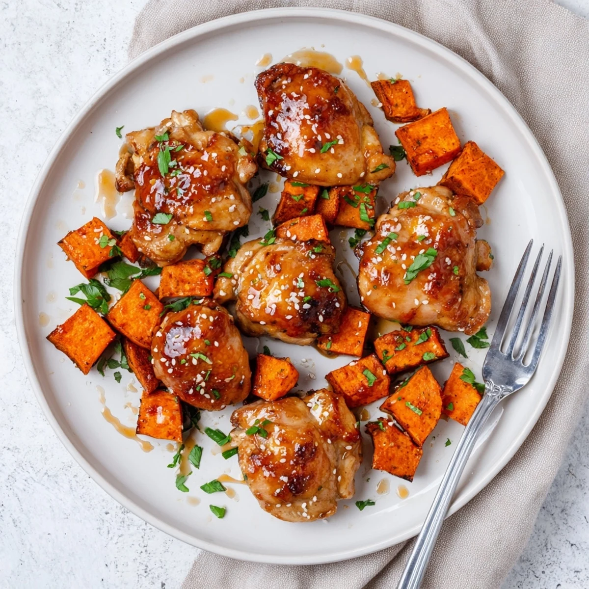 One-pan meal featuring seared chicken thighs with sweet honey garlic glaze and tender smoked paprika sweet potatoes