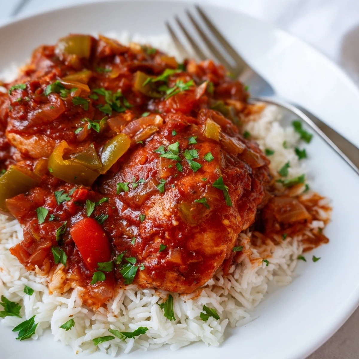 Golden brown chicken thighs simmering in rich red tomato gravy with the holy trinity vegetables