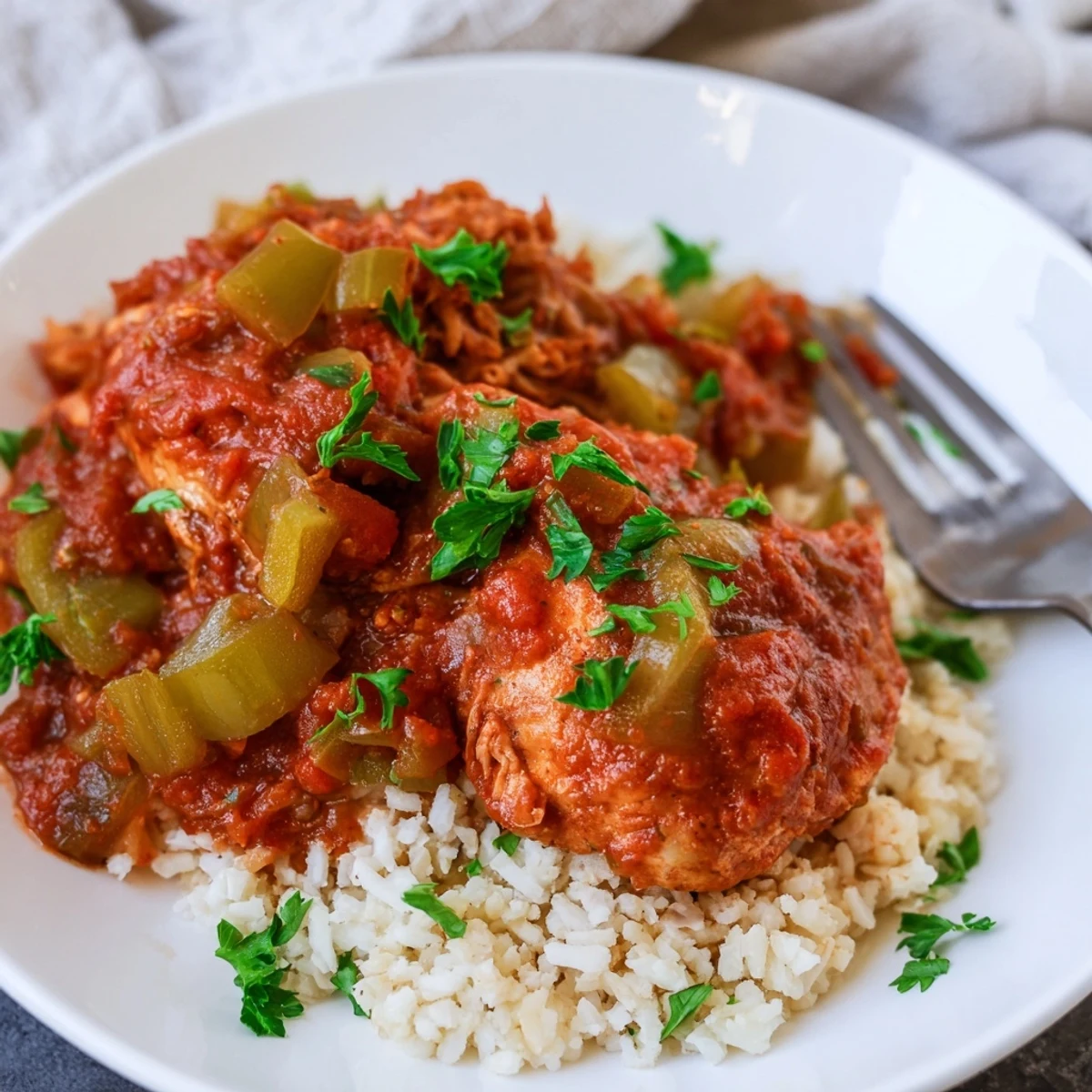 Savory Louisiana chicken stew ladled over fluffy white rice and garnished with fresh green parsley