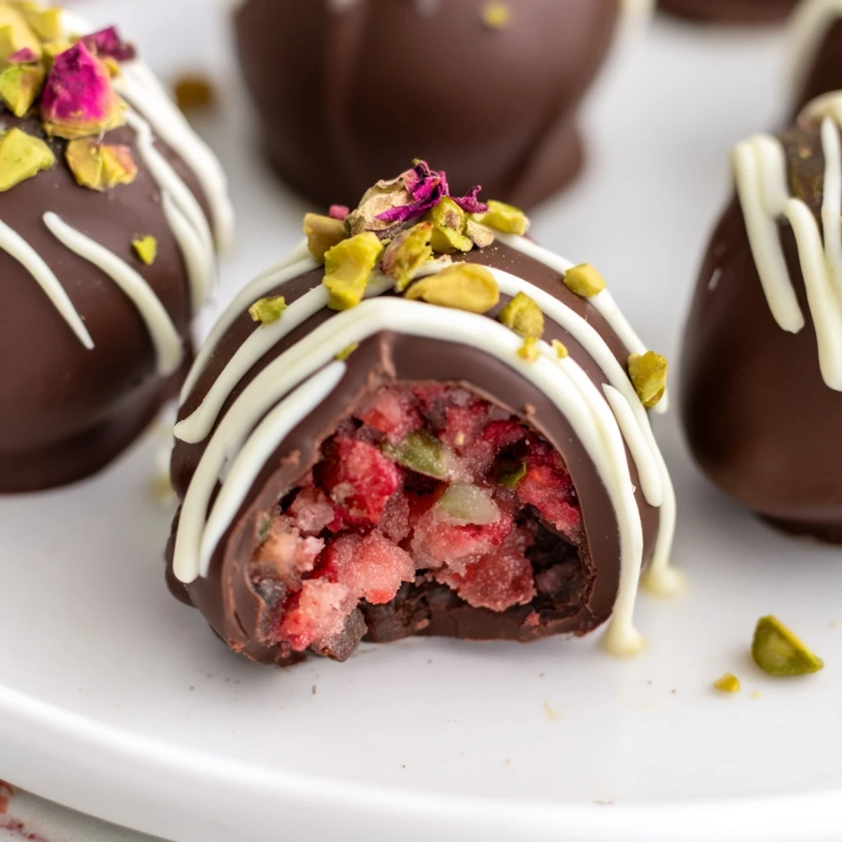 Decadent Dubai chocolate covered strawberry cups feature glossy dark chocolate shells filled with sweet rose-scented strawberries and topped with crunchy pistachios.