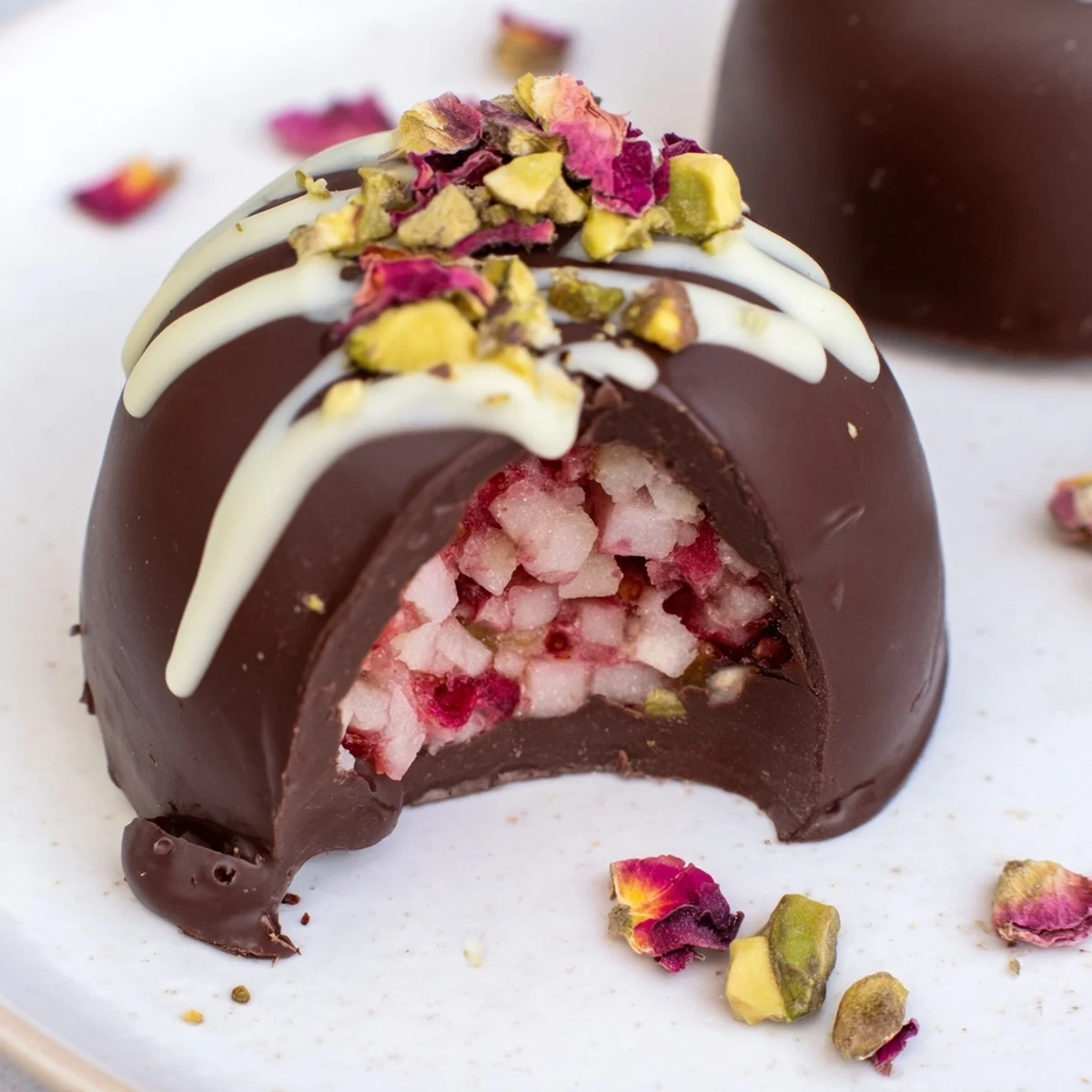 Elegant Middle Eastern dessert showcasing fresh strawberry filling nestled in velvety chocolate cups garnished with vibrant green nuts and edible gold.