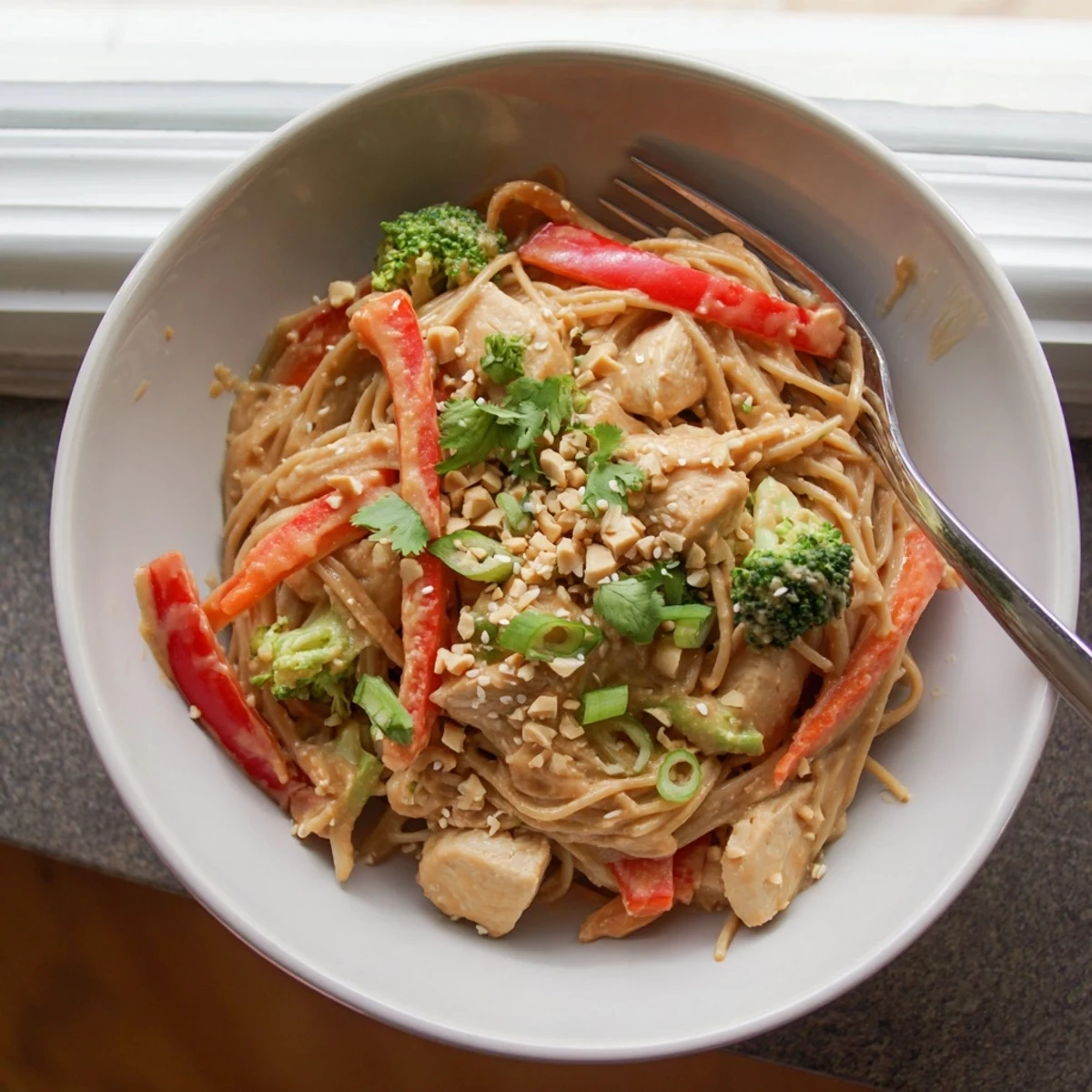 Meal prep container filled with peanut chicken noodles featuring colorful vegetables and creamy peanut sauce