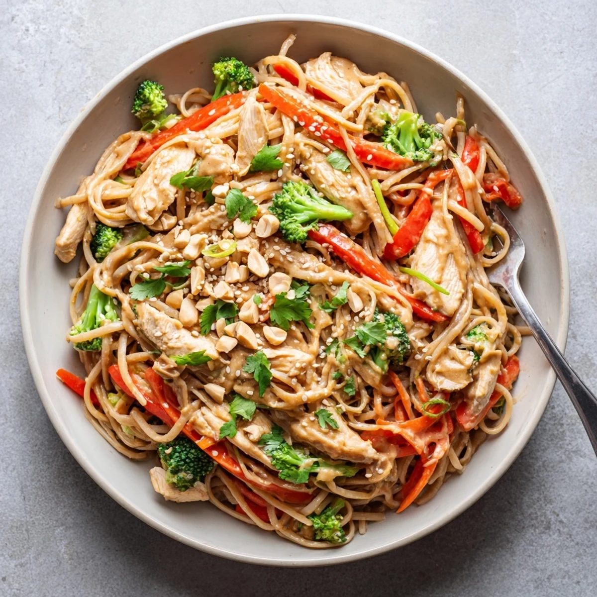 Healthy peanut chicken noodle meal prep arranged in portioned containers with garnish of roasted peanuts