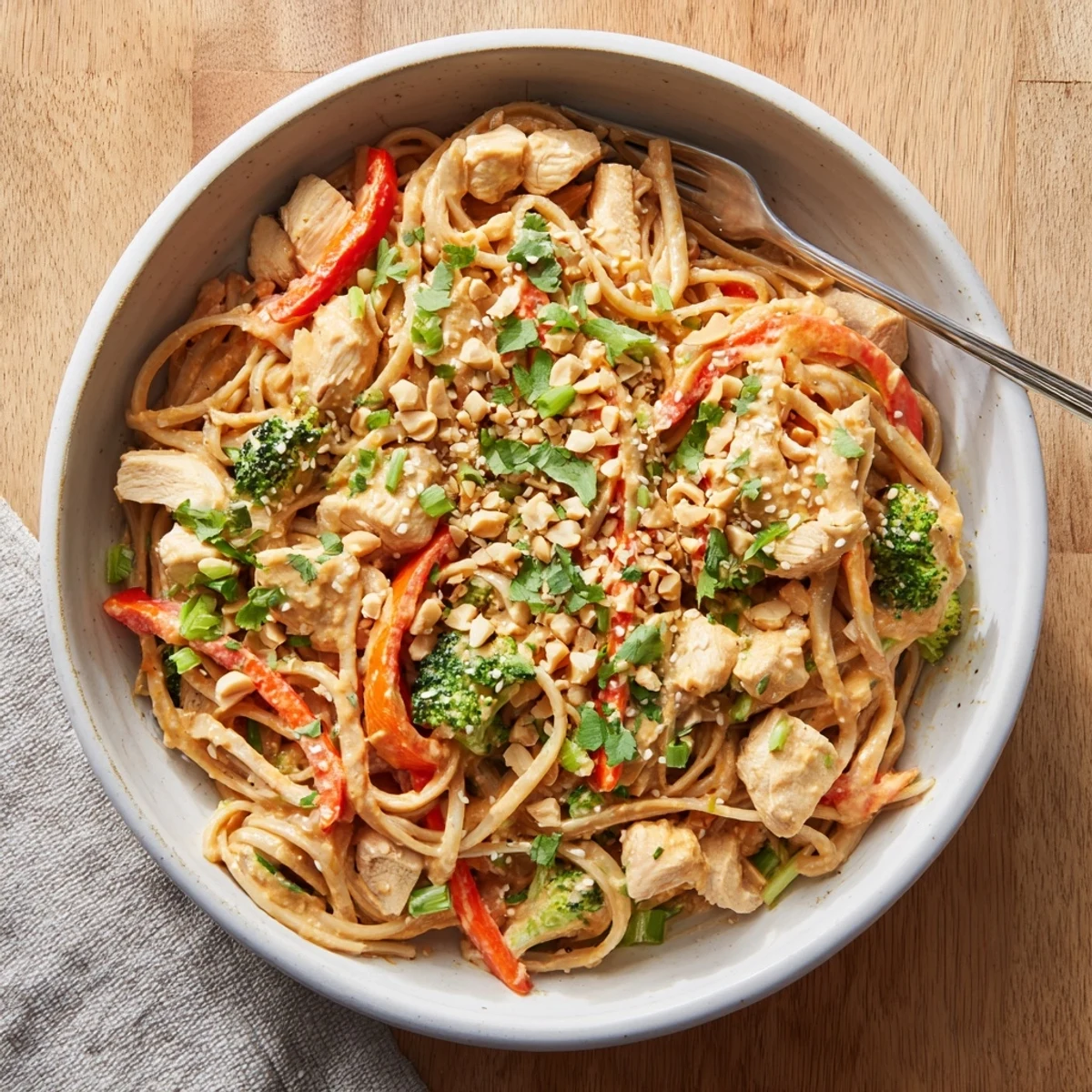Weekly lunch prep showing Asian-inspired peanut chicken noodle bowls with crisp bell peppers and broccoli