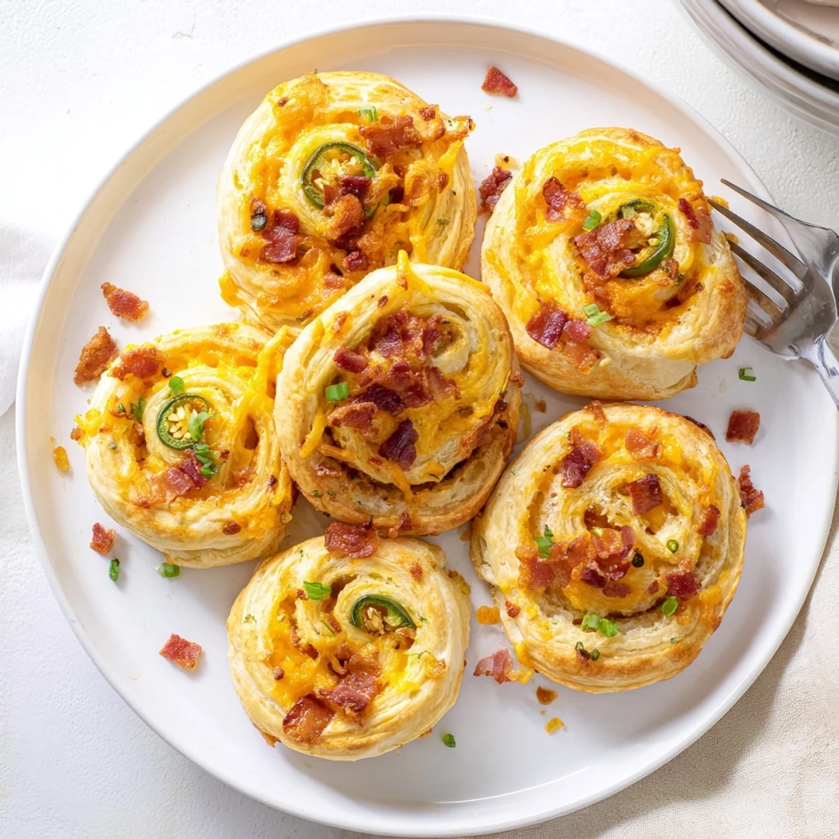 Golden brown jalapeño popper pinwheels baked until flaky and sprinkled with crispy bacon bits