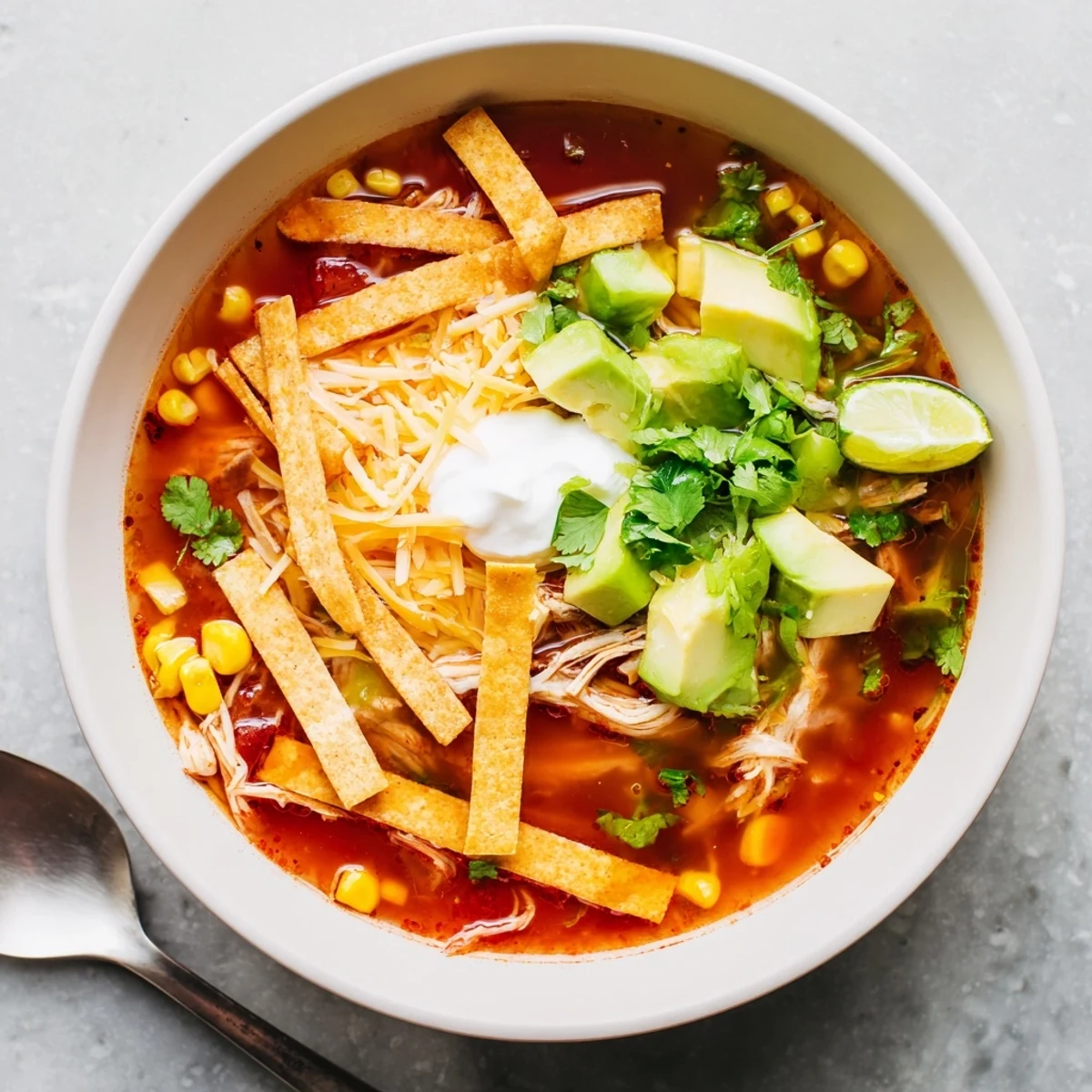 Bowl of Mexican tortilla soup topped with golden tortilla strips, avocado, cheese, and fresh cilantro garnish