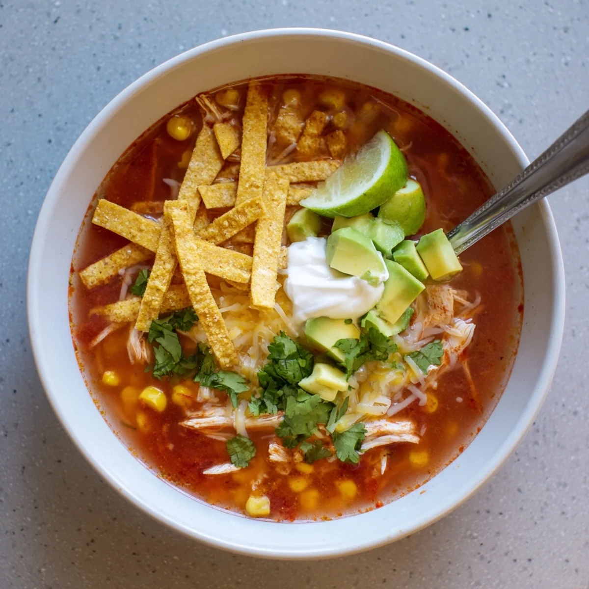 Hearty Mexican tortilla soup in white bowl featuring red broth, crunchy toppings, and creamy avocado dollop