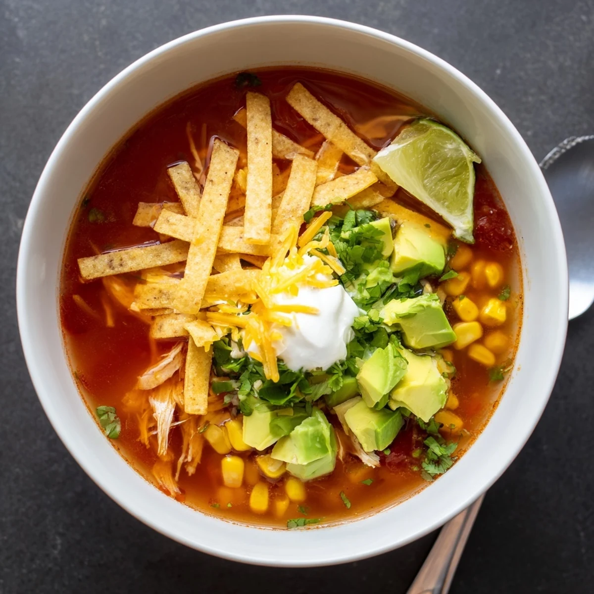 Steaming Mexican tortilla soup with crispy corn strips, shredded chicken, and vibrant lime wedge on rustic table