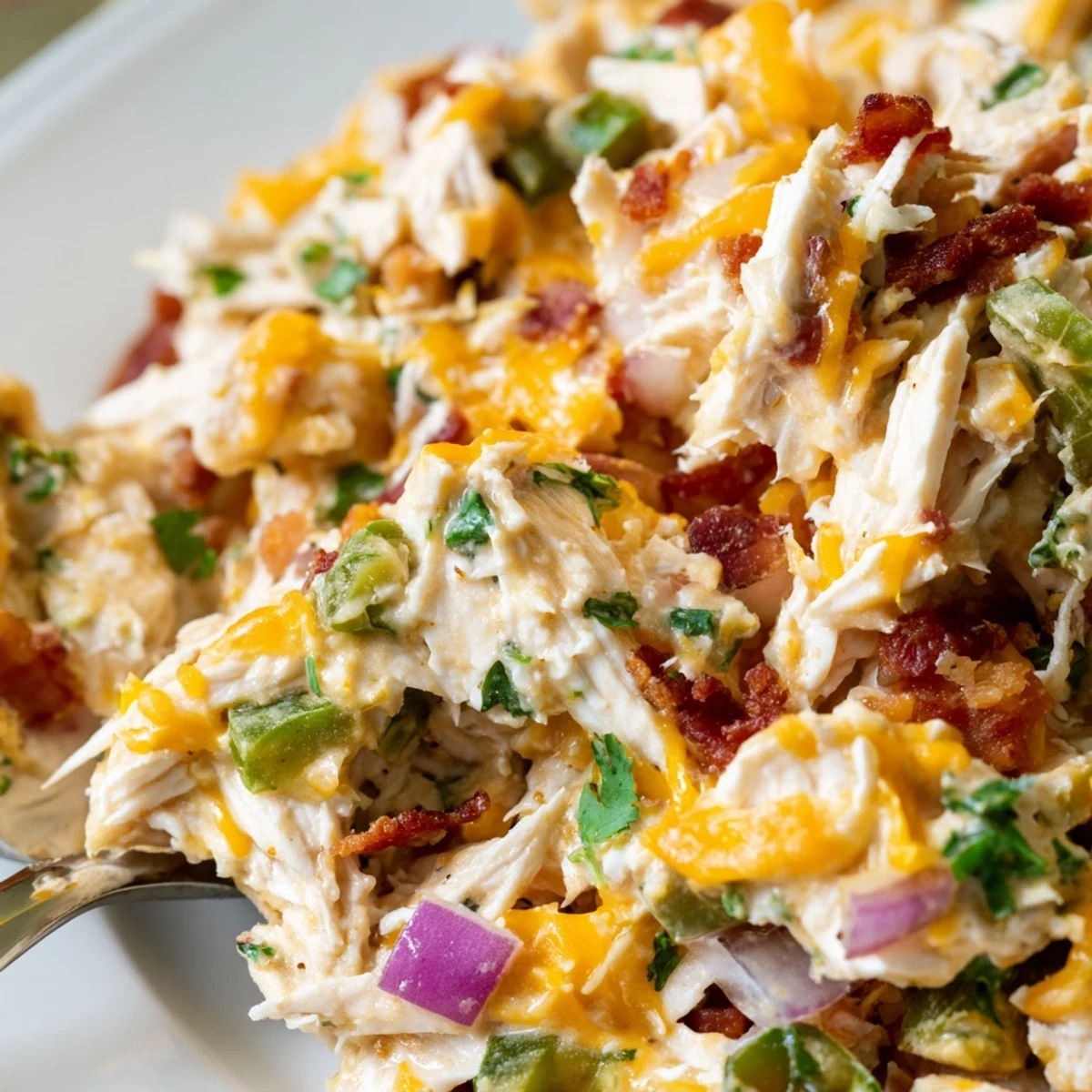 Creamy jalapeno popper keto chicken salad with crispy bacon crumbles and diced spicy peppers in a white serving bowl