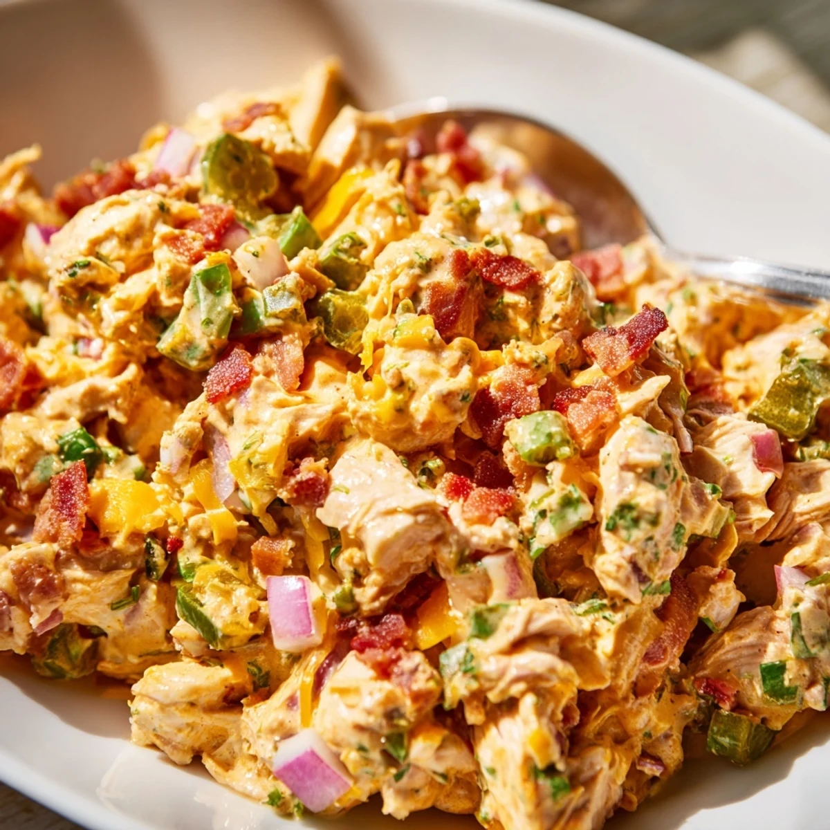 Rustic wooden board displaying jalapeno popper keto chicken salad topped with fresh cilantro and extra jalapeno slices for garnish