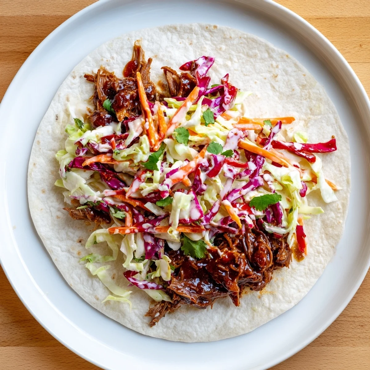 Tender BBQ pulled beef wraps topped with colorful crunchy cabbage slaw and fresh herbs