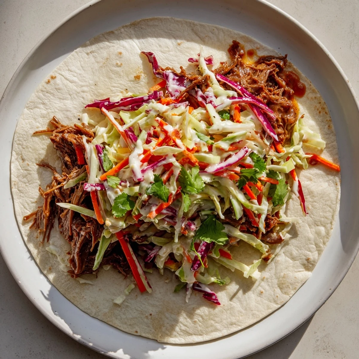 Soft flour tortilla filled with smoky sweet pulled beef and vibrant purple-green coleslaw