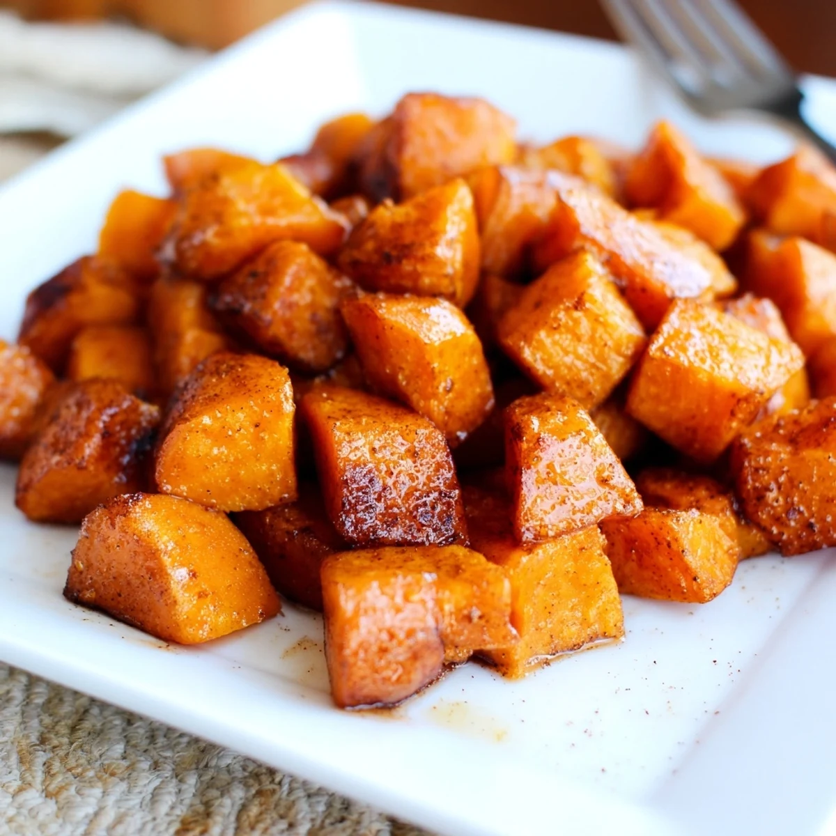Golden brown honey cinnamon roasted sweet potato cubes on a white baking sheet