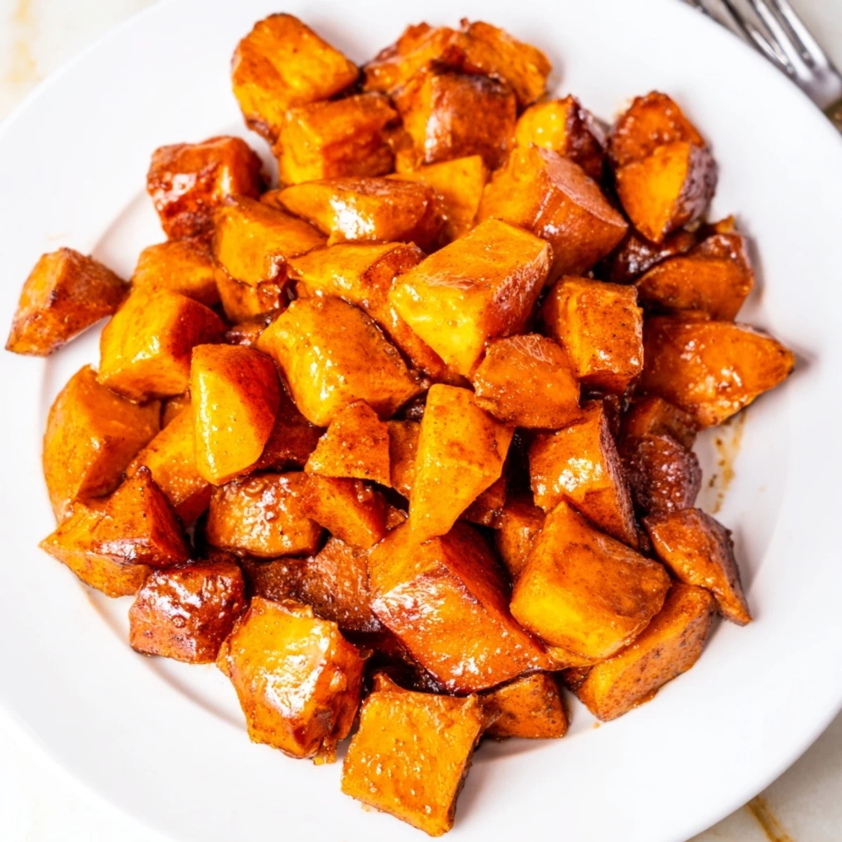 Caramelized honey cinnamon roasted sweet potato cubes arranged on a rustic wooden board