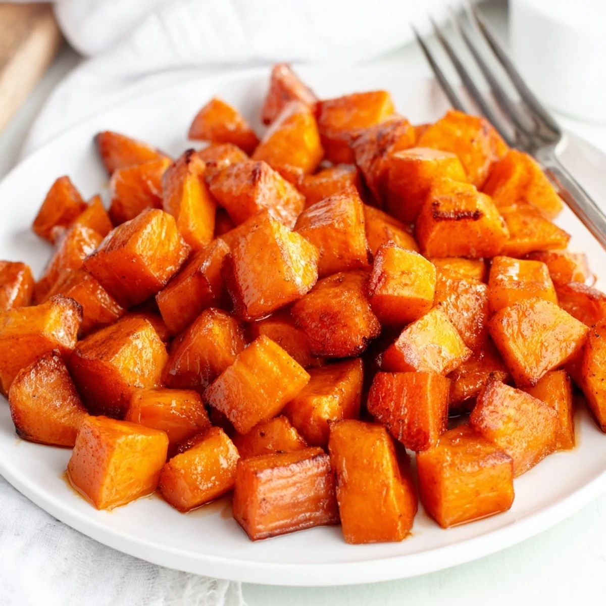 Tender honey cinnamon roasted sweet potato cubes sprinkled with extra ground cinnamon