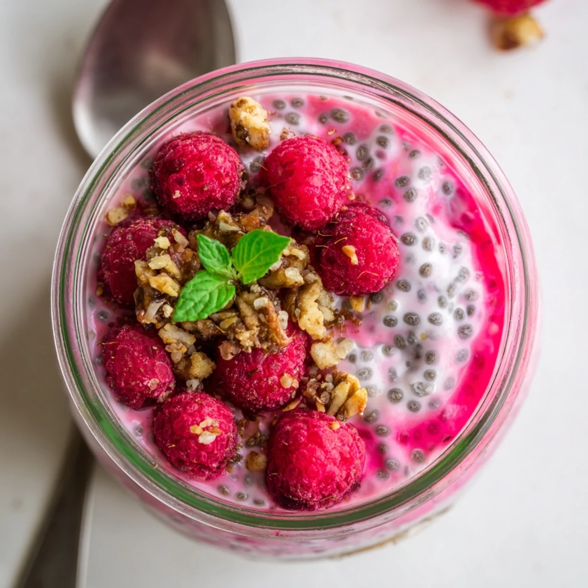 Vibrant pink raspberry chia pudding with layered texture and nut garnish for breakfast