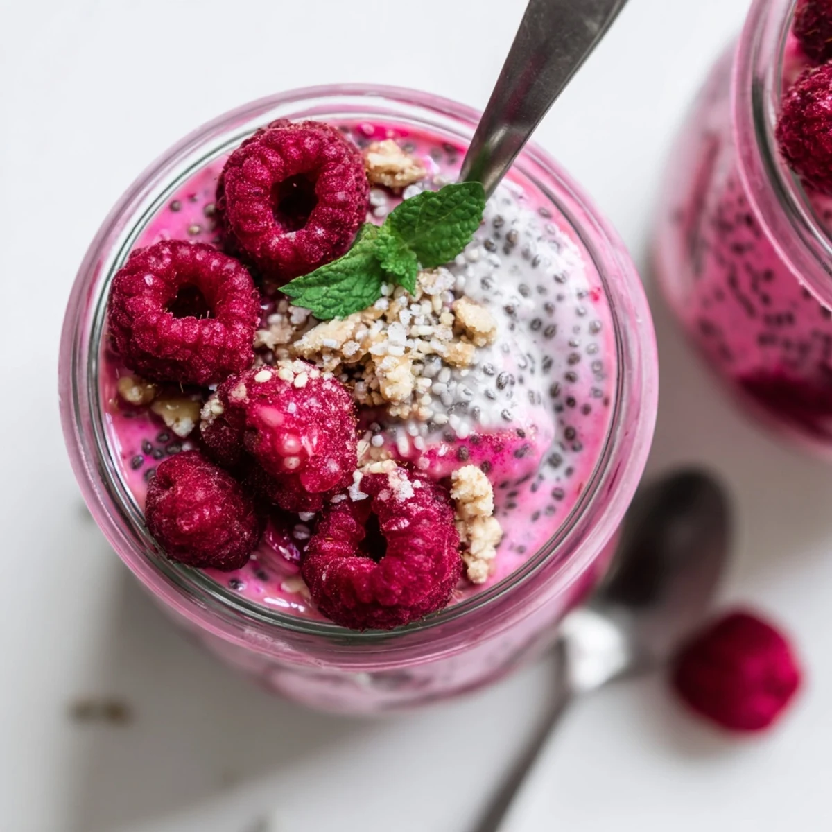 Thick raspberry chia pudding served in clear glasses with fresh berry topping
