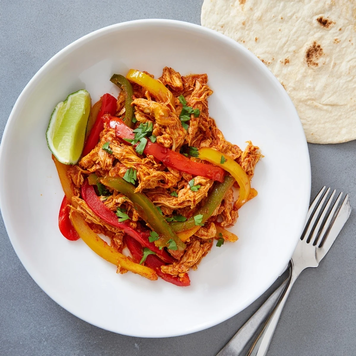 Slow cooker chicken fajitas with colorful peppers and onions ready for warm tortillas