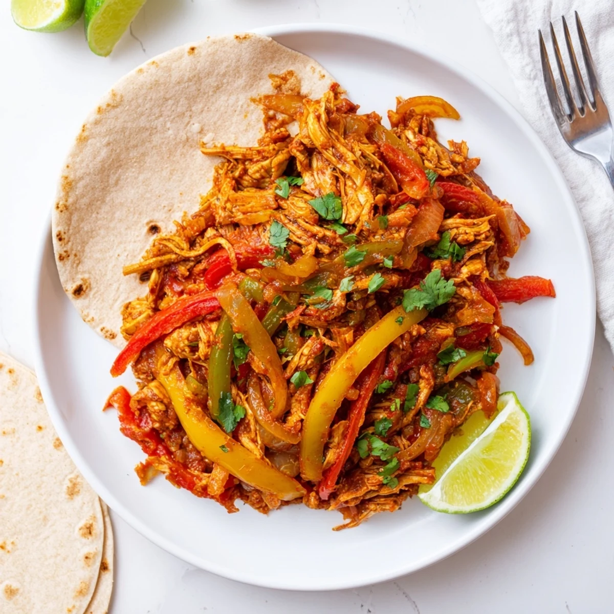 Heaping bowl of Mexican slow cooker chicken fajitas with sliced avocado and sour cream