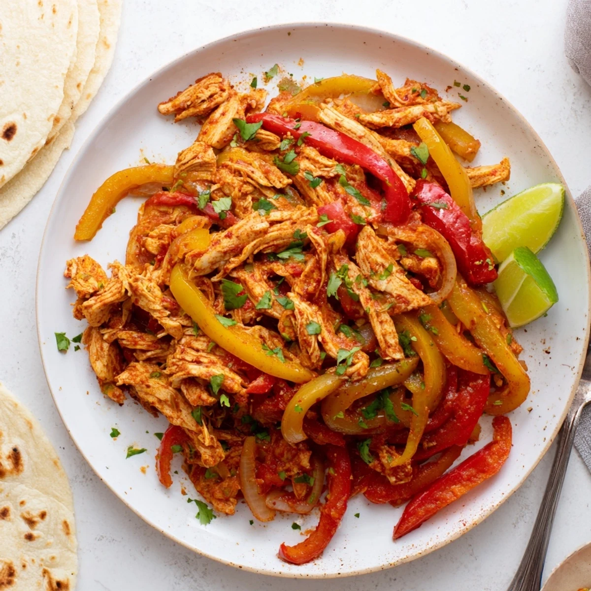 Tender shredded easy Crockpot chicken fajitas topped with fresh cilantro and lime