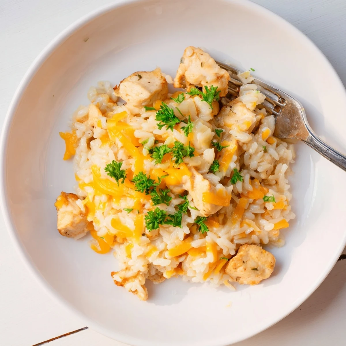 Golden chicken breasts resting on fluffy rice in a rich, bubbly cheddar cream sauce topped with fresh parsley