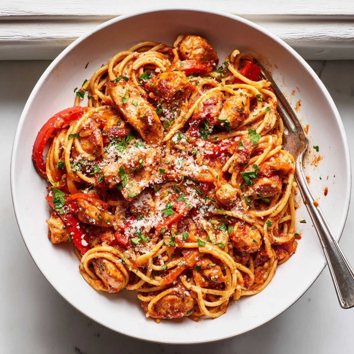 Savory Instant Pot chicken spaghetti with tender pasta in rich tomato sauce topped with Parmesan
