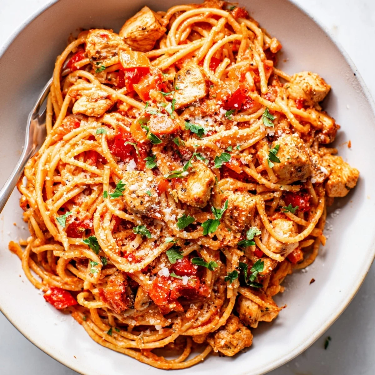 Comforting one-pot chicken spaghetti dish featuring melted cheese and fresh parsley garnish