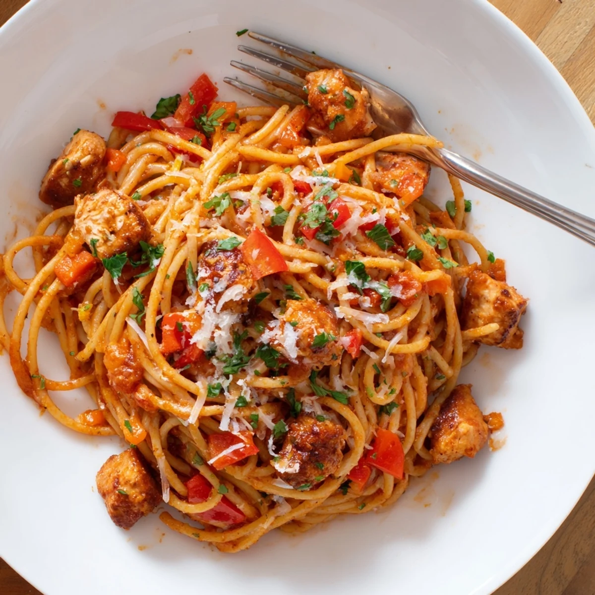 Easy Instant Pot chicken spaghetti with juicy bites coated in flavorful tomato broth