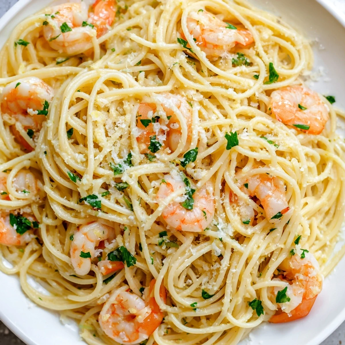 Golden shrimp scampi pasta glistens with garlic butter sauce and fresh lemon zest