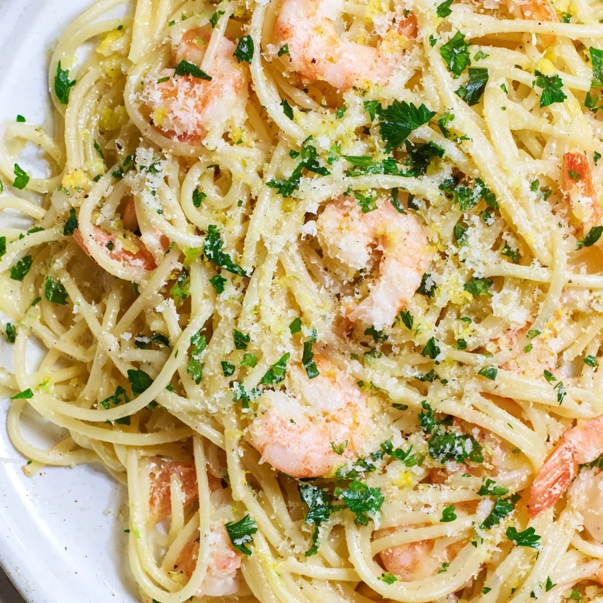 Plump pink shrimp twirled with al dente spaghetti in a white wine garlic butter sauce