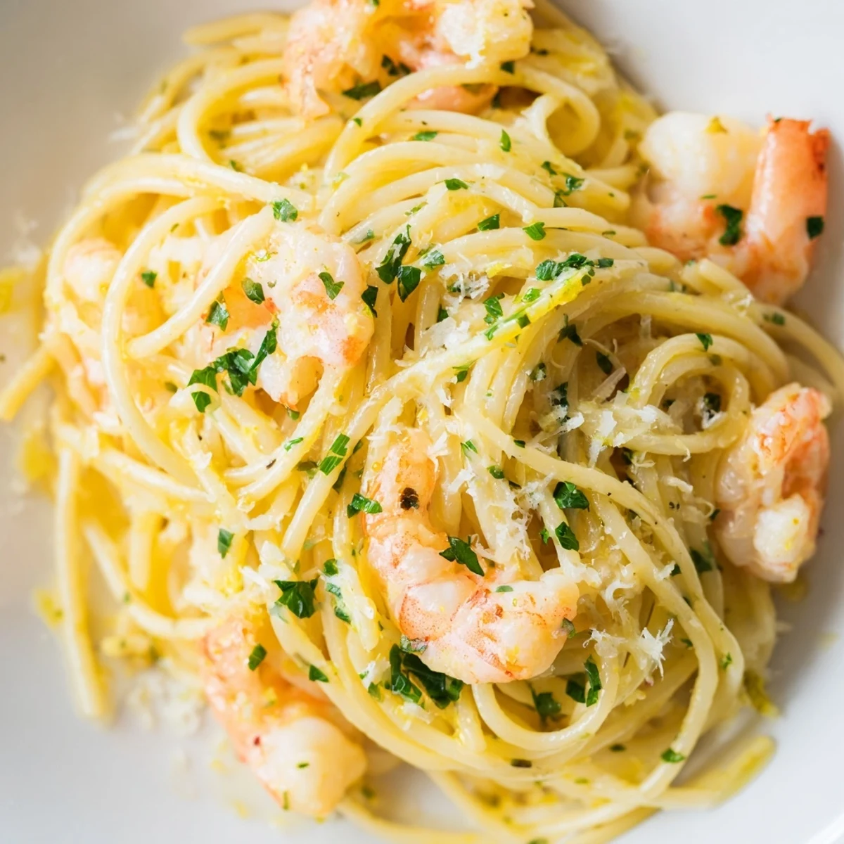Steaming bowl of shrimp scampi pasta topped with parsley and parmesan cheese