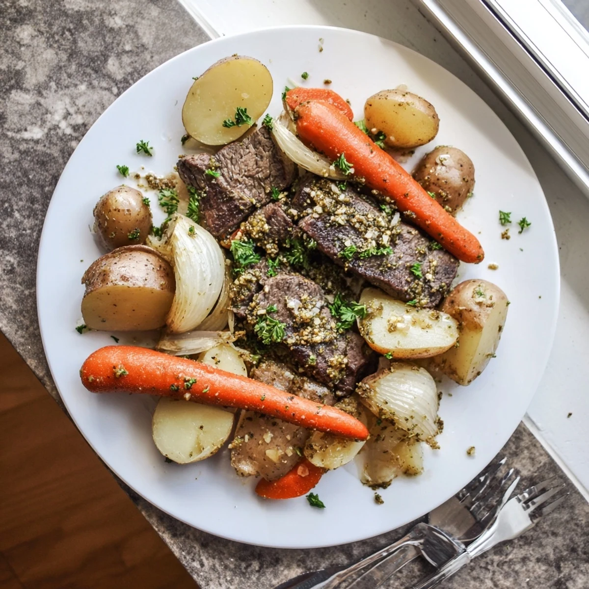 Hearty slow cooker steak and potatoes served with melted onions and fresh parsley garnish