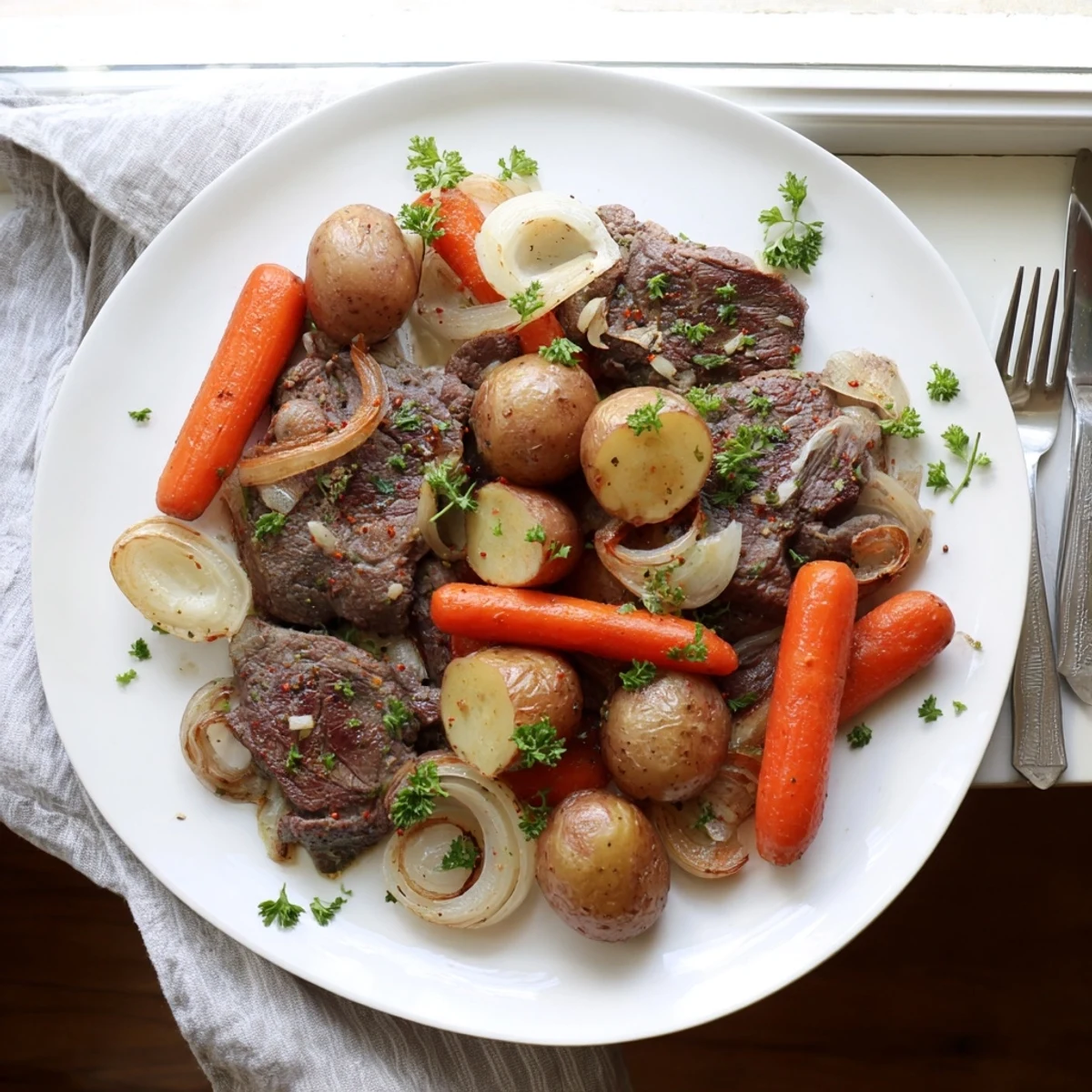 Tender slow cooker steak and potatoes with baby carrots in a rich beef broth
