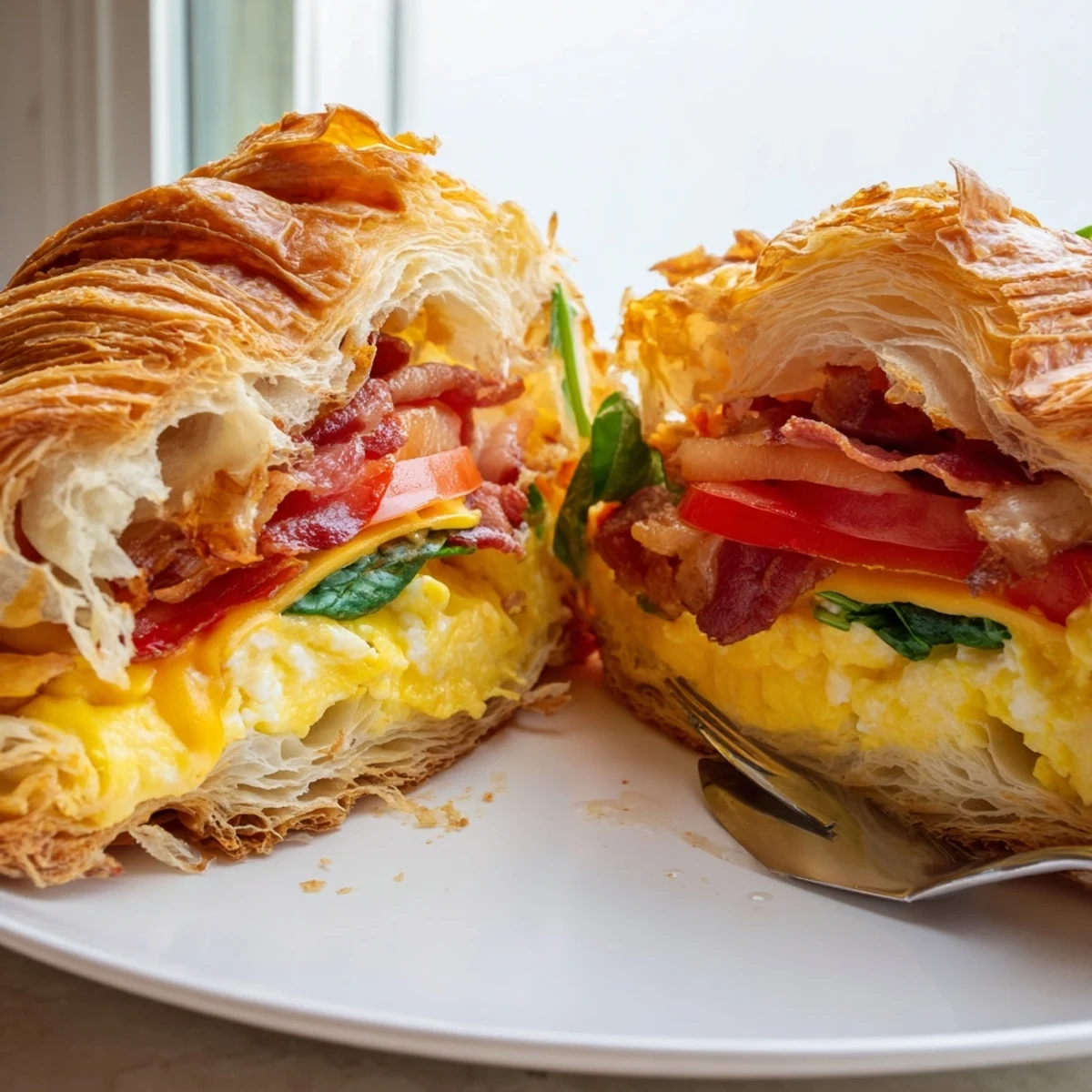 Golden croissant breakfast sandwiches stacked with fluffy scrambled eggs, crispy bacon, and melted cheddar cheese