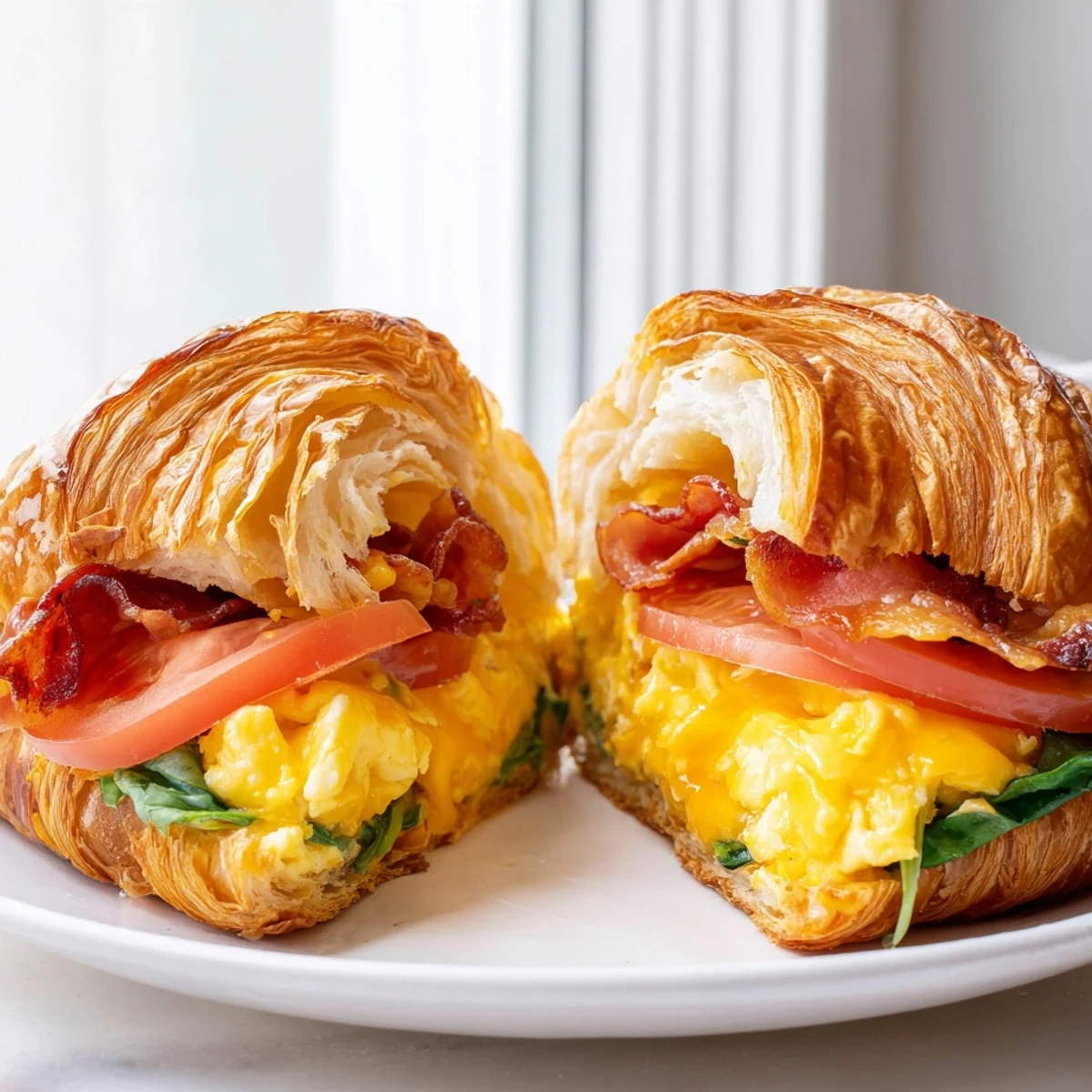 Buttery French croissant halves layered with savory bacon, soft eggs, fresh spinach, and tomato slices
