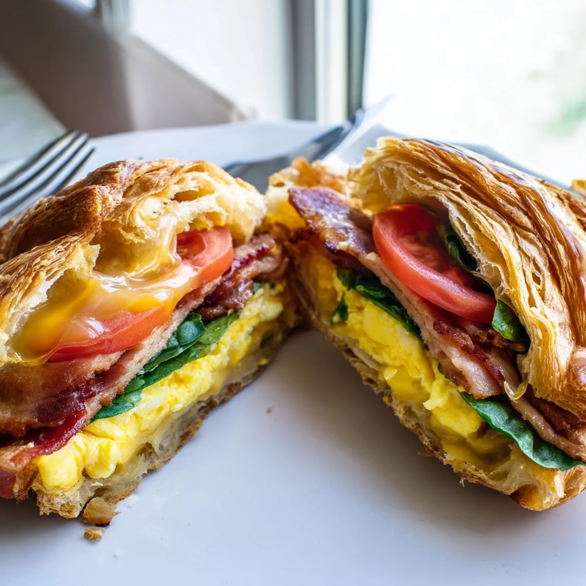 Flaky pastry croissants stuffed with warm scrambled eggs, bacon, and gooey cheese on a wooden board