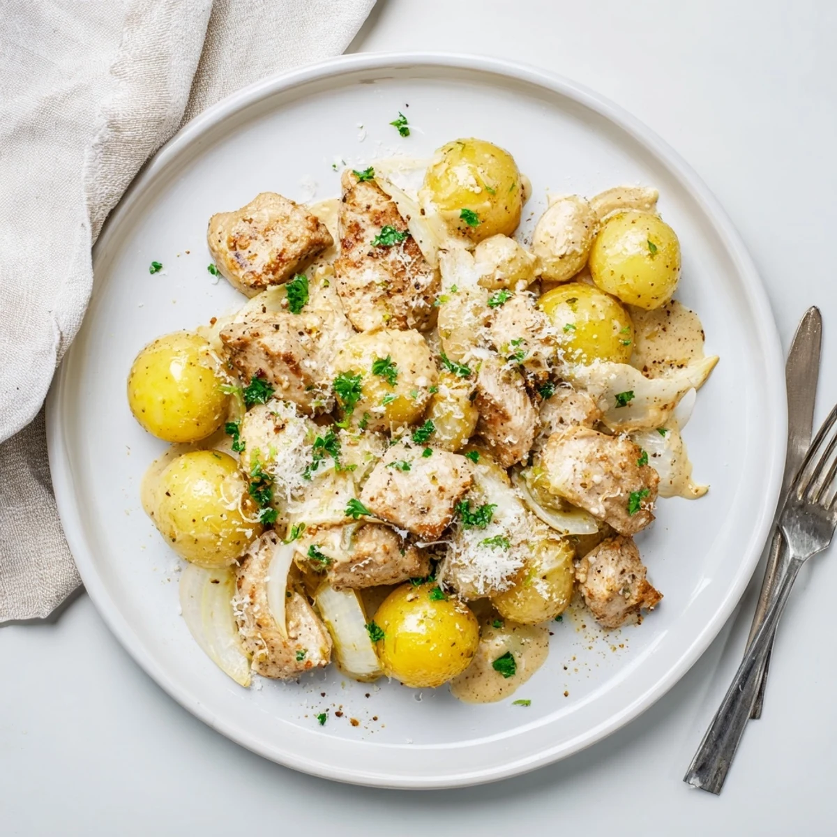 Golden slow cooker garlic parmesan chicken with tender baby potatoes and melted cheese