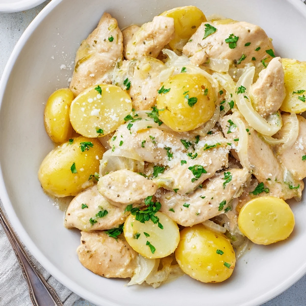 Tender chicken breasts nestled alongside baby potatoes in a rich garlic parmesan sauce