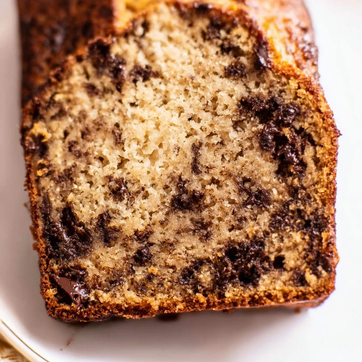 Golden brown chocolate chip banana bread loaf with melted chocolate chips on top