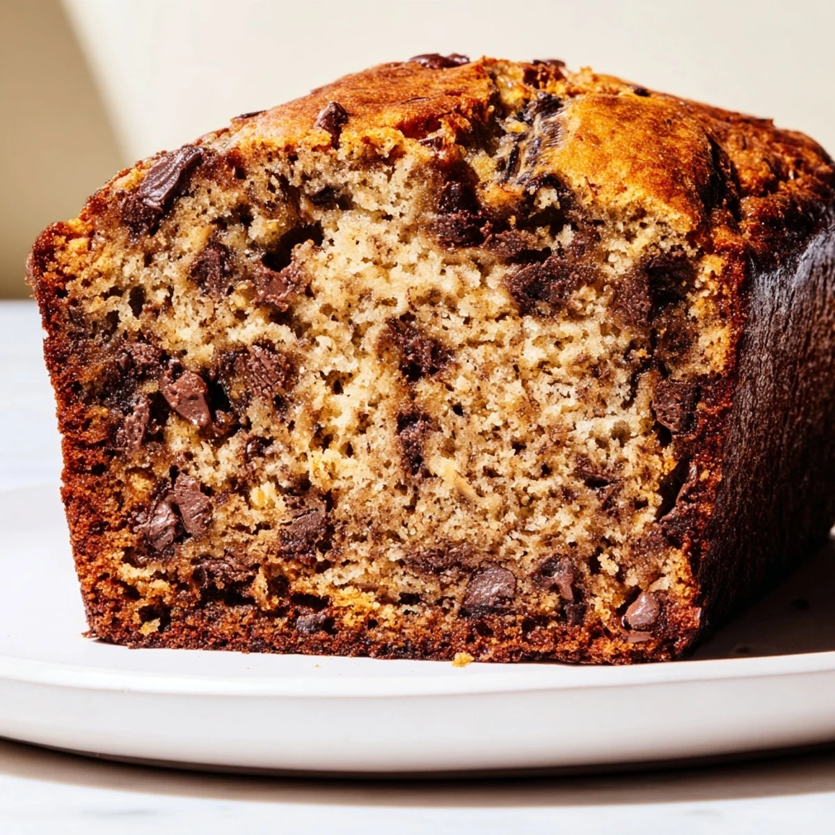 Warm chocolate chip banana bread with visible banana texture and gooey chips