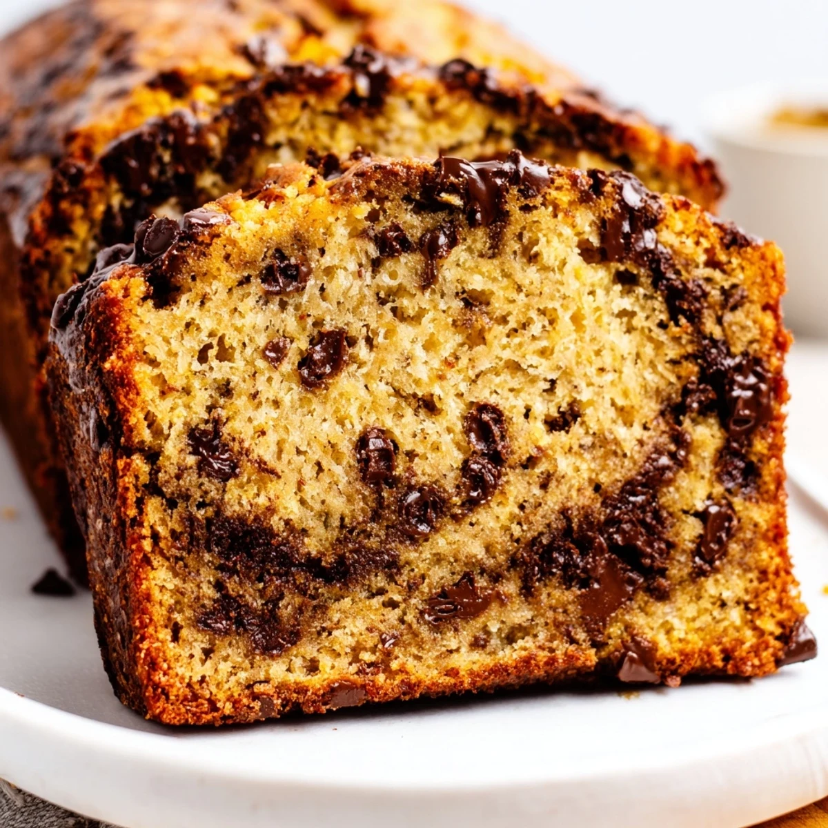 Moist chocolate chip banana bread sliced on a wooden cutting board with crumbs