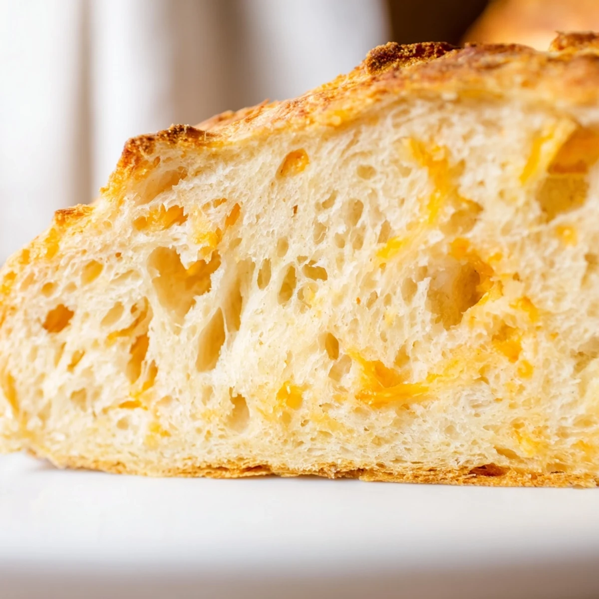 Golden no knead cheddar bread loaf with deep brown crust and visible melted cheese spots